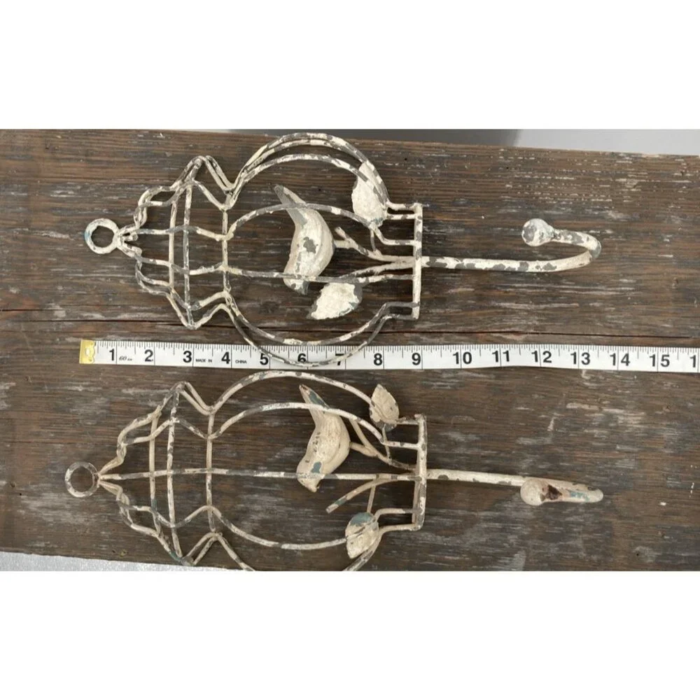 2 Rustic Metal Bird Cage Hooks Leaves Decorative Cottage Core Farmhouse Nature